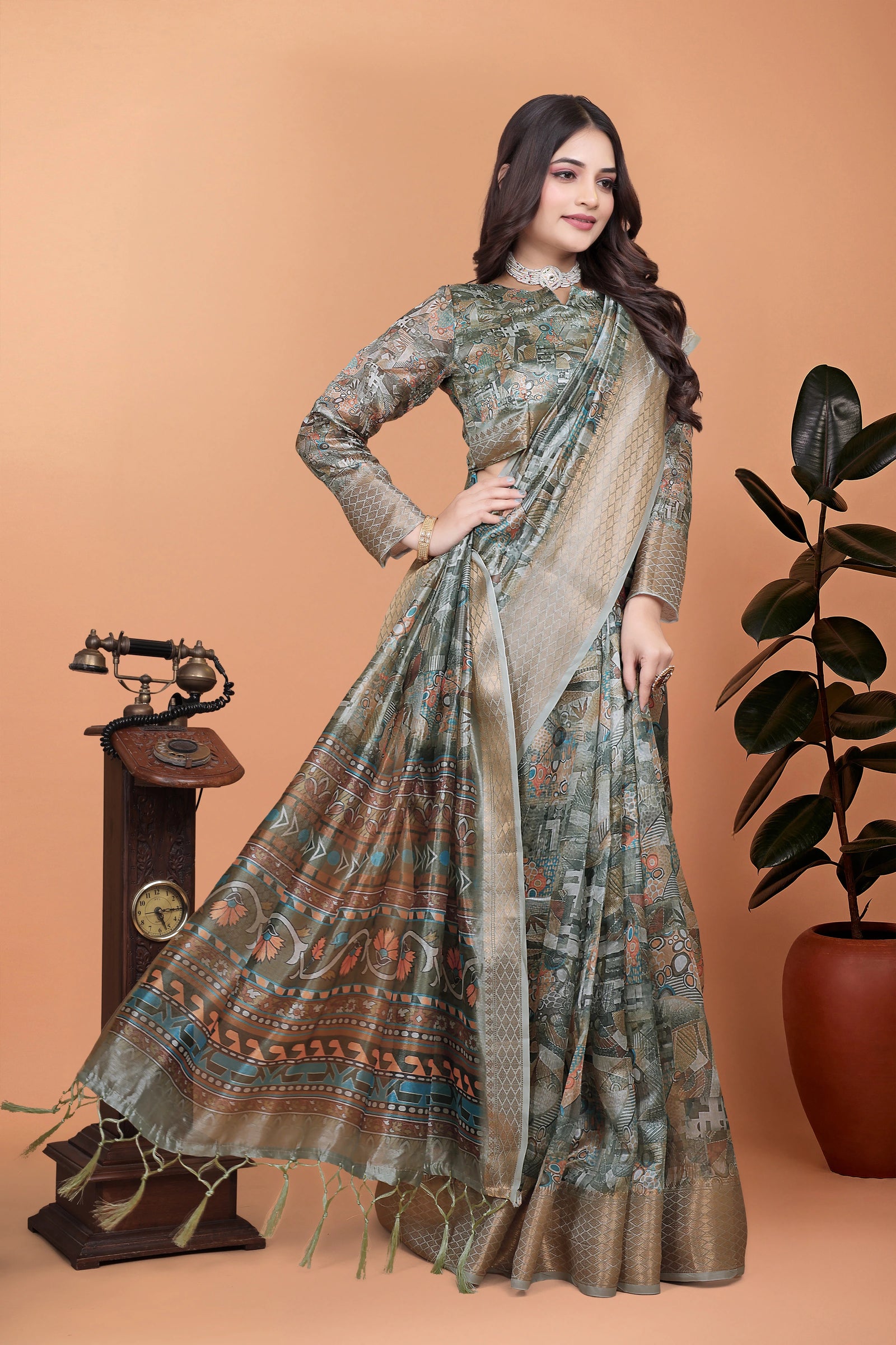 Olive Green Zari Weaving Saree – Back Drape View KS370