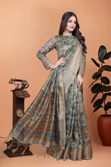 Olive Green Zari Weaving Saree – Back Drape View KS370