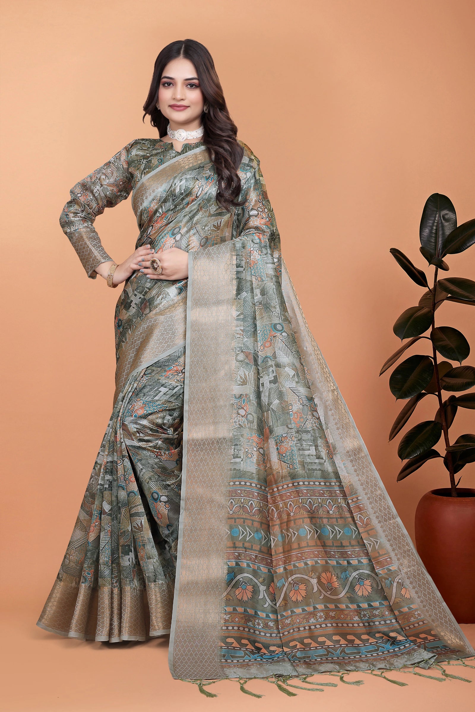 Olive Green Zari Weaving Saree – Fabric Texture Premium Crystal KS370