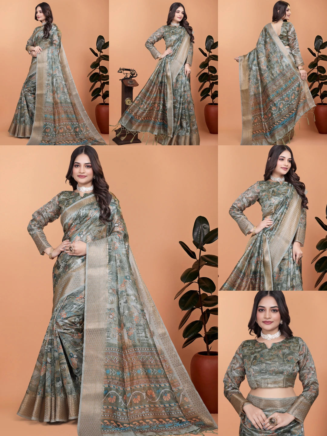 Olive Green Zari Weaving Saree – All Angles Collage KS370