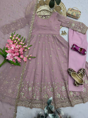 Onion Pink Sequins Embroidered Suit Front View – Crunchy Silk Blend | Kalyanja KU309