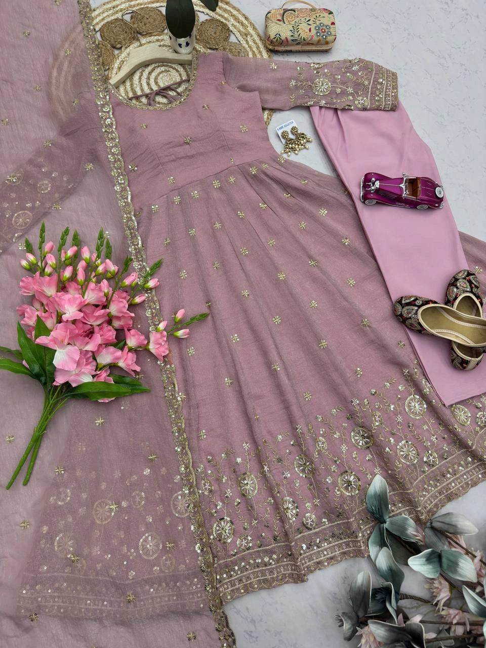 Onion Pink Sequins Embroidered Suit Second Pose with Dupatta