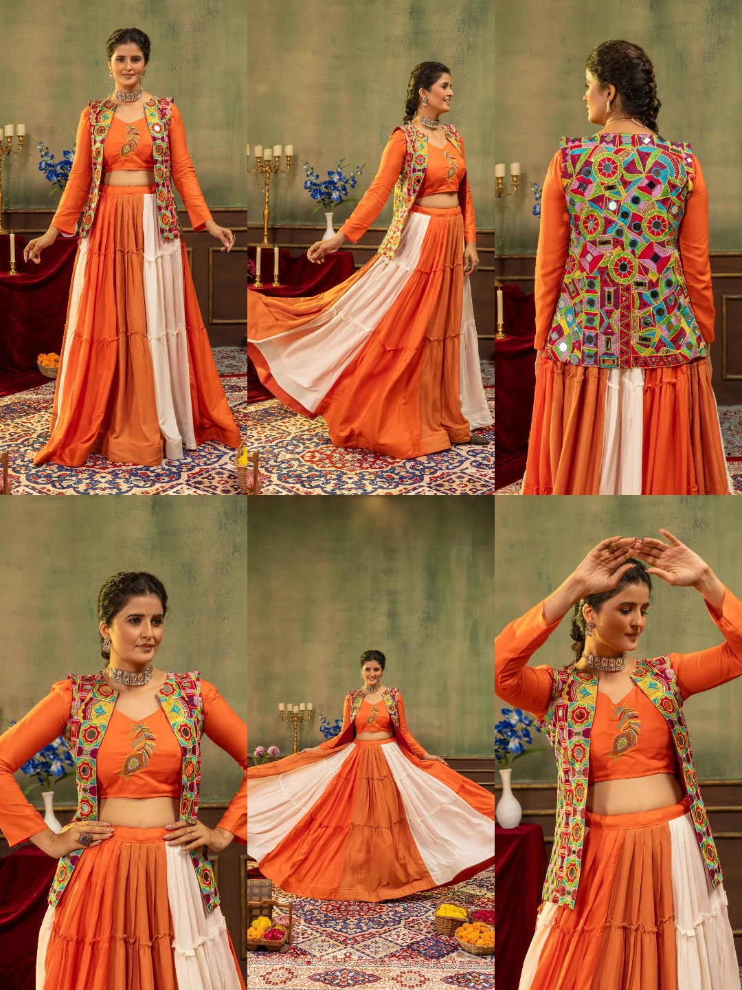 Orange Mirror Work Lehenga Festival Celebration Pose - Kalyanja KL193