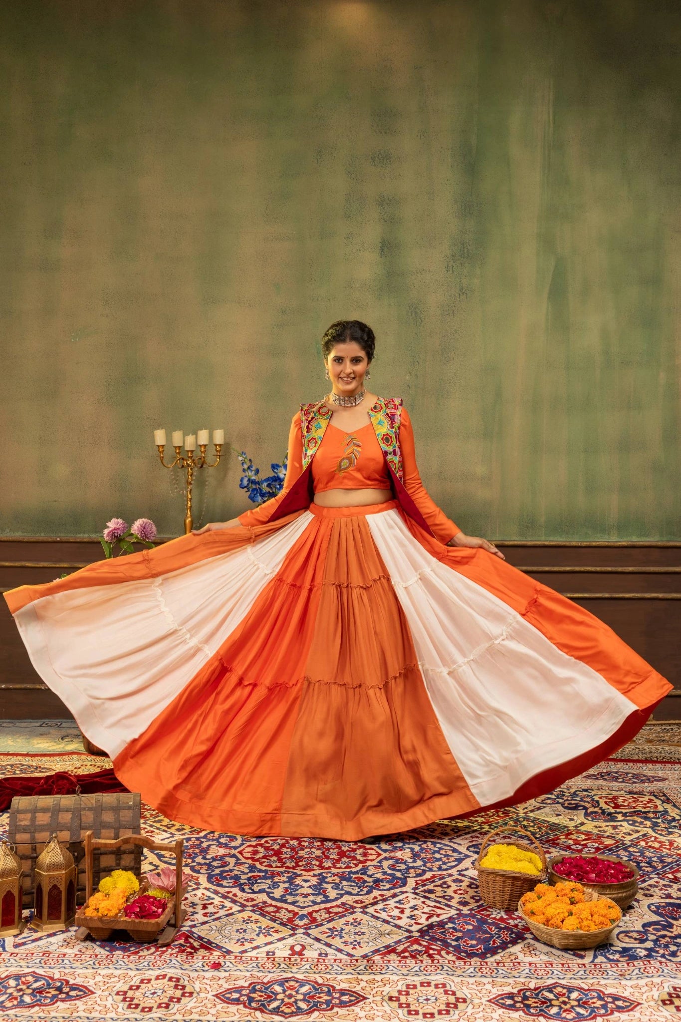 Orange Embroidered Mirror Work Lehenga Front View - Kalyanja KL193