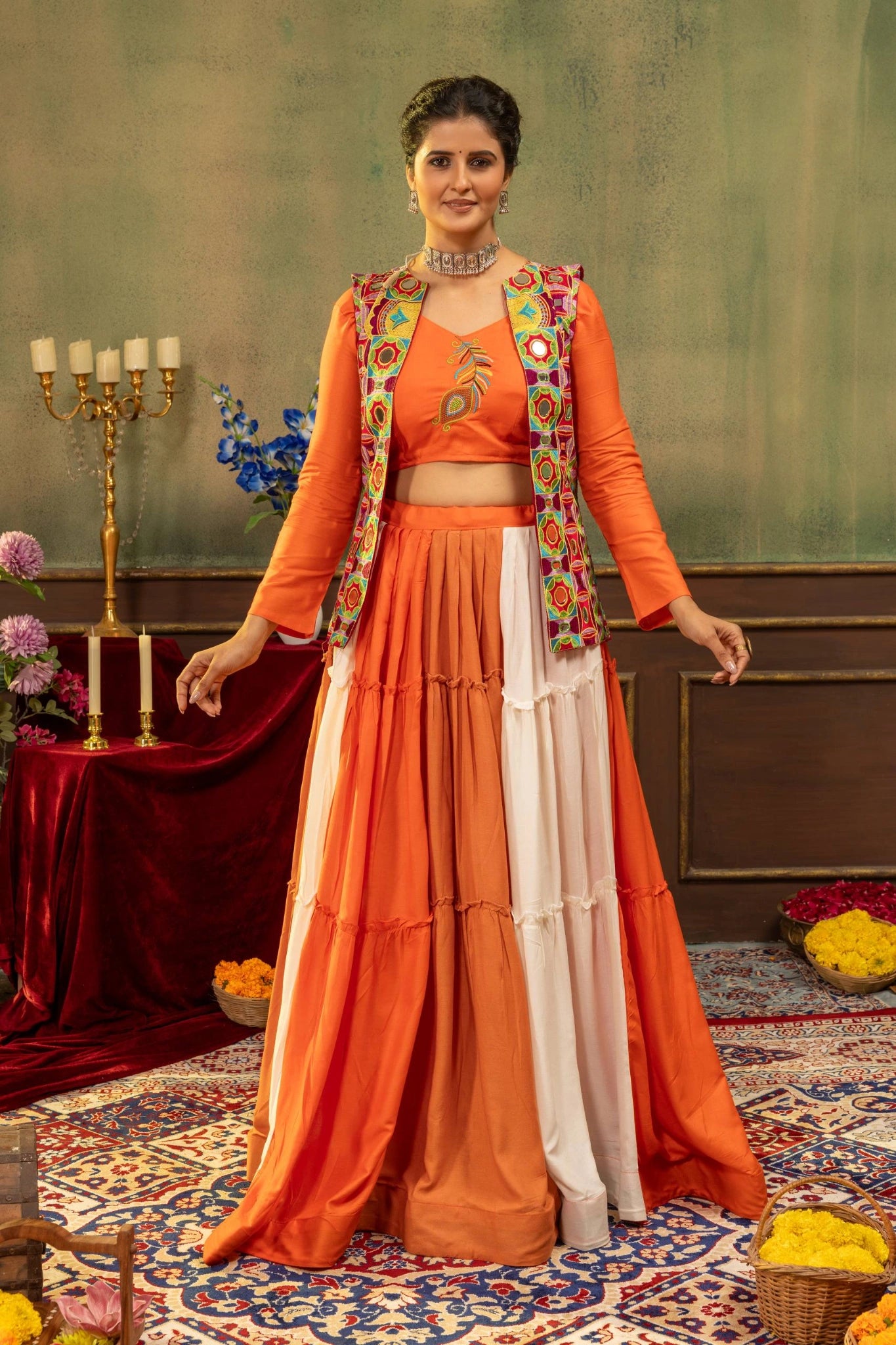 Orange Lehenga Choli Jacket Set Navratri Wear - Kalyanja KL193