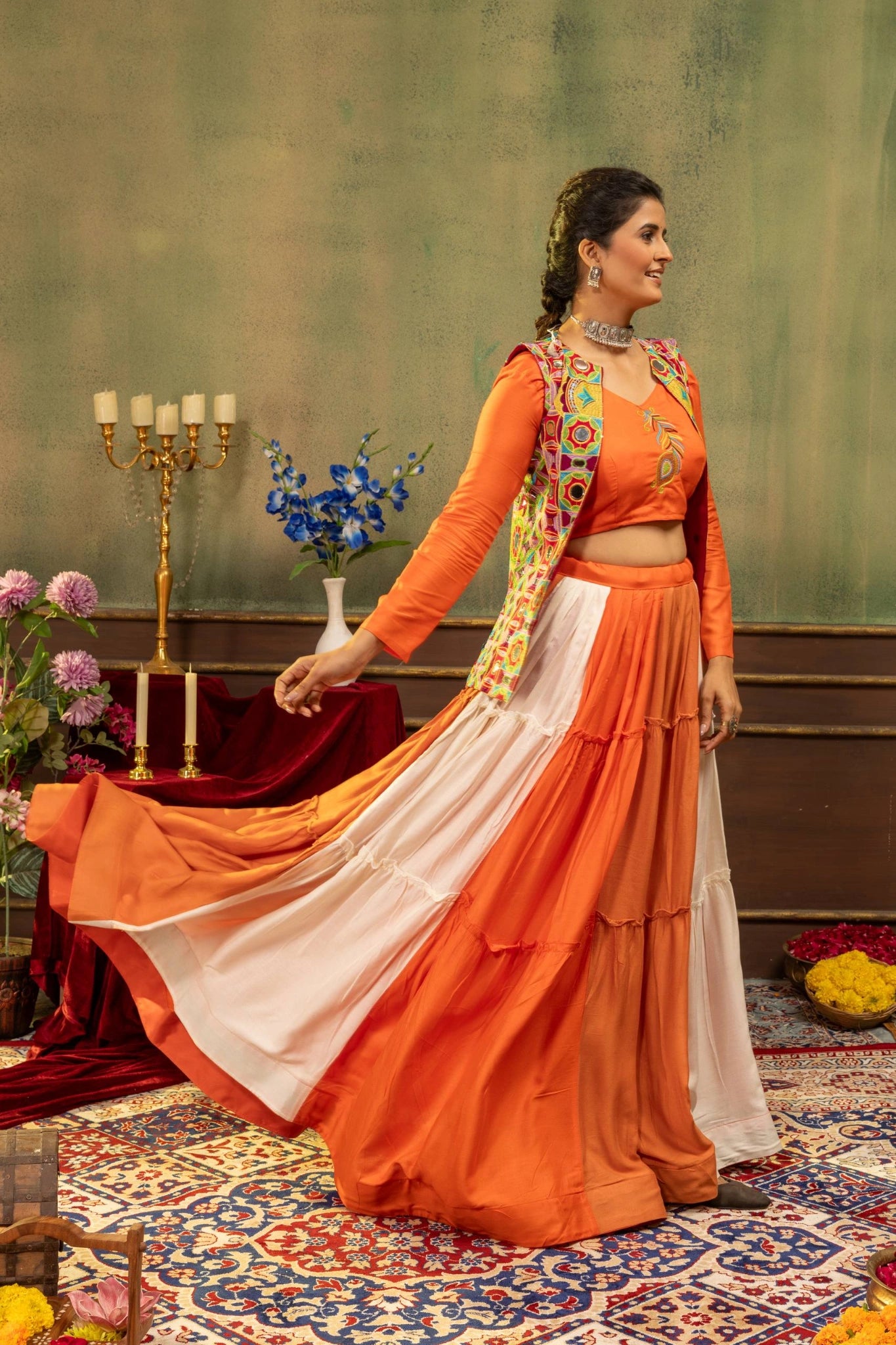 Orange Embroidered Lehenga Side Flair Pose - Kalyanja KL193
