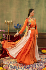 Orange Embroidered Lehenga Side Flair Pose - Kalyanja KL193