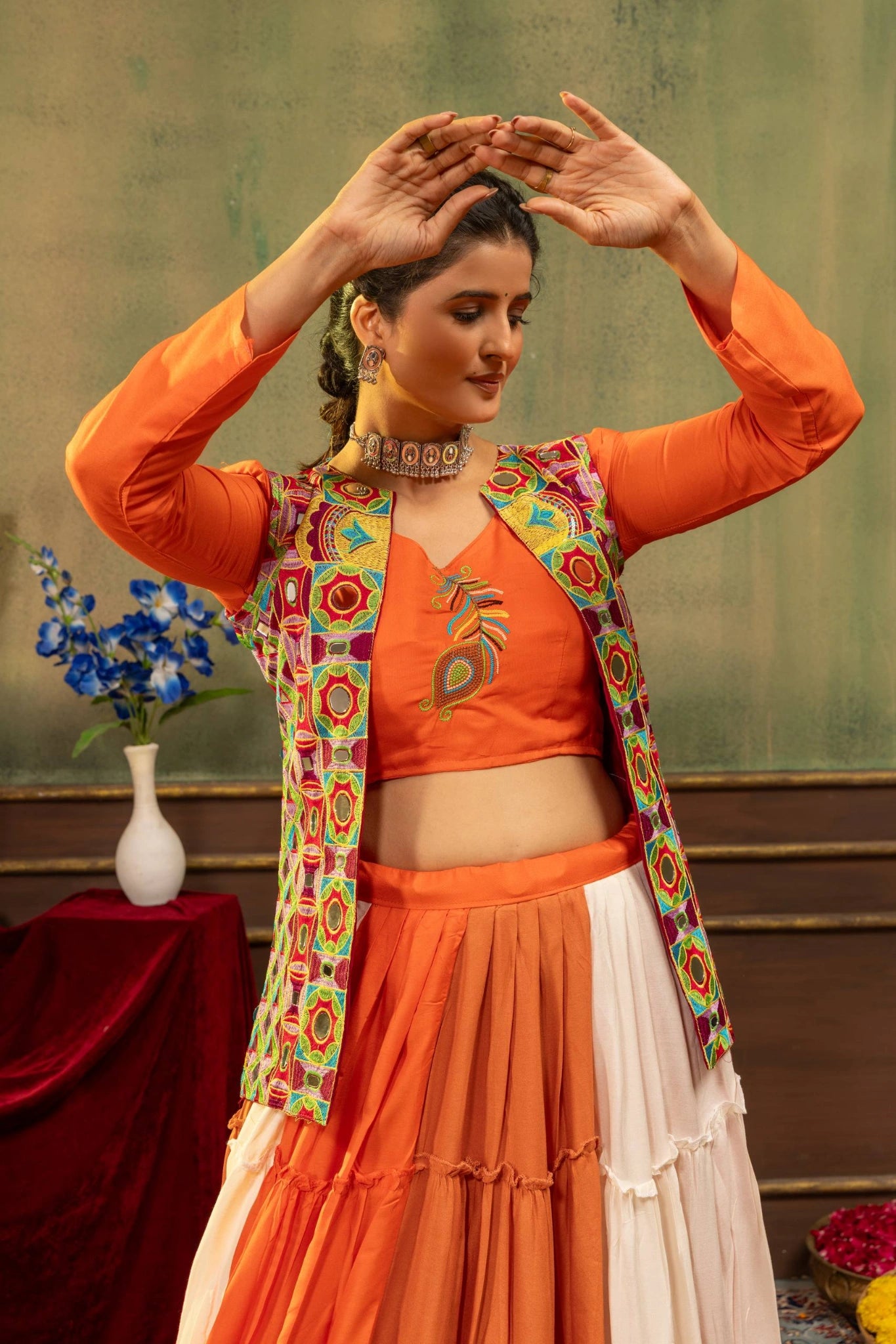 Rayon Blend Orange Lehenga Mirror Work Jacket Detail - Kalyanja KL193