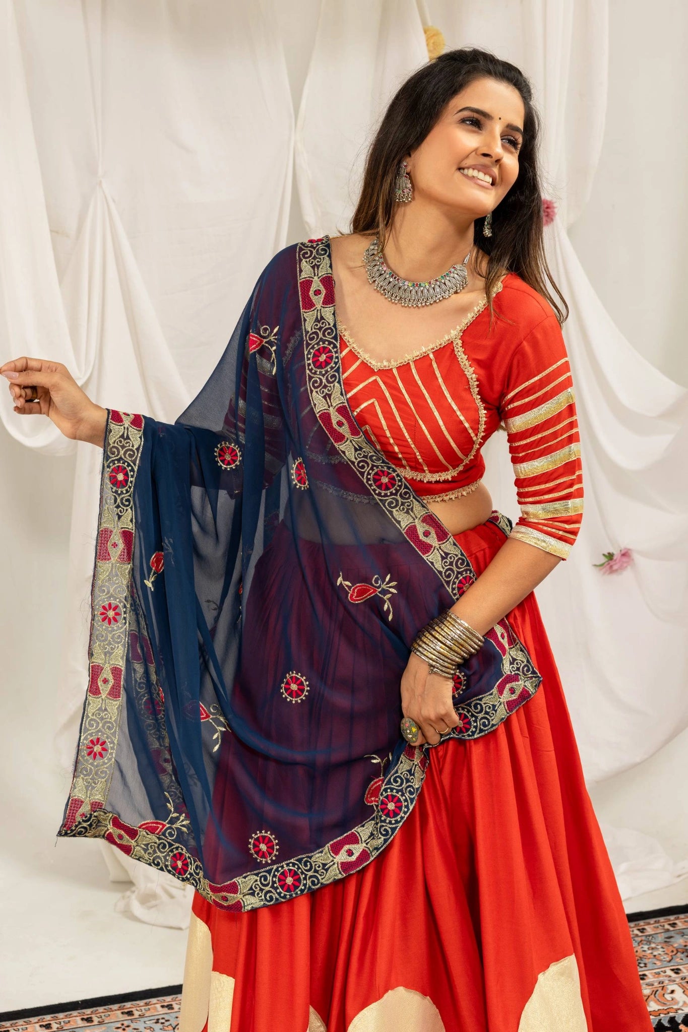 Orange Gota Work Lehenga Dupatta Drape Close Up – KL202 – Kalyanja
