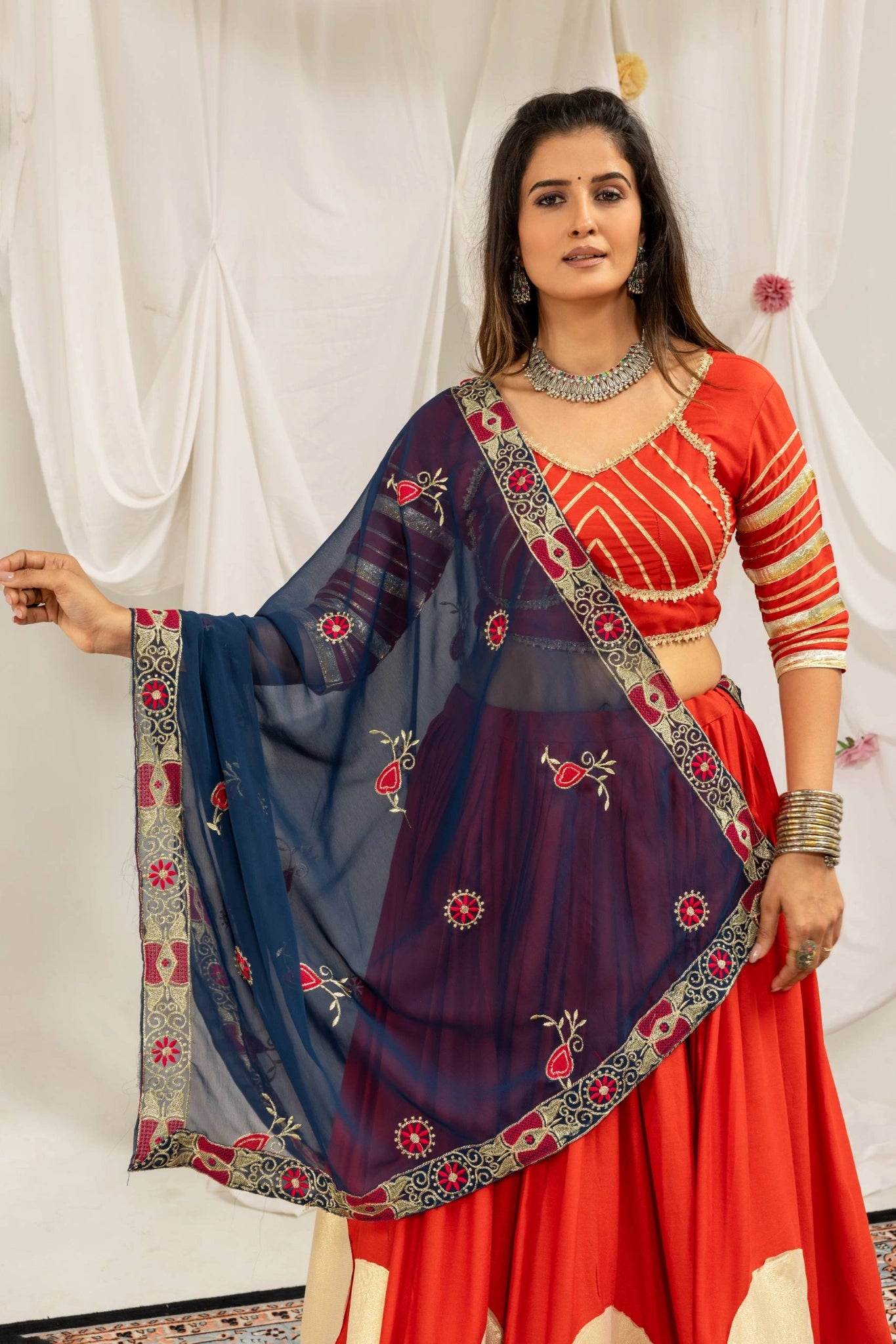Orange Lehenga Choli V-Neck Gota Stripe Front – KL202 – Kalyanja