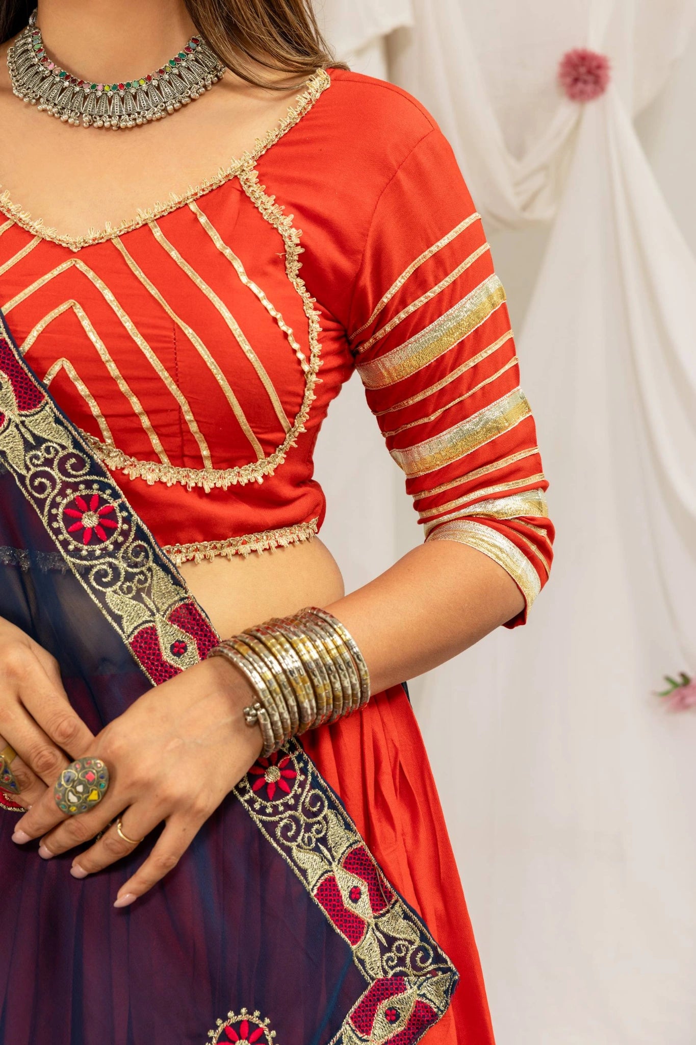 Orange Gota Work Lehenga Choli Gota Stripe Close Up – KL202 – Kalyanja