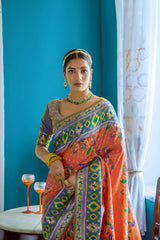 Orange & Gray Zari Weaving Soft Banarasi Silk Saree