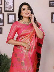 Orange & Pink Paithani Woven Banarasi Silk Saree