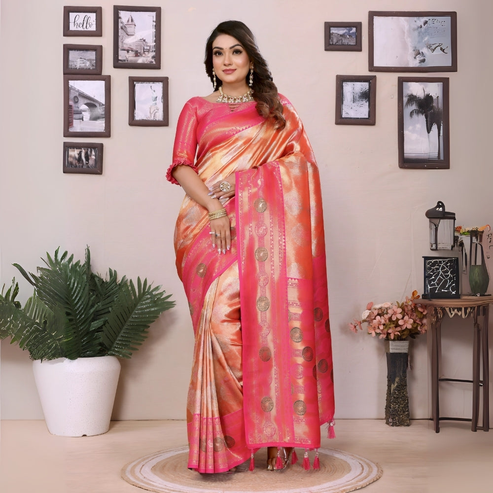 Orange & Pink Paithani Woven Banarasi Silk Saree