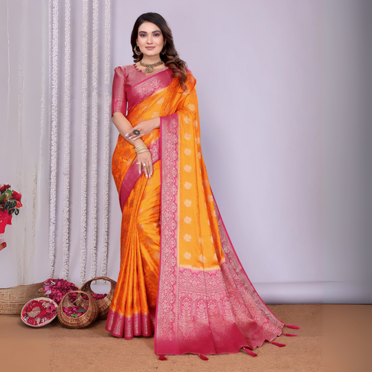 Orange Pink Zari Weaving Satin Silk Saree