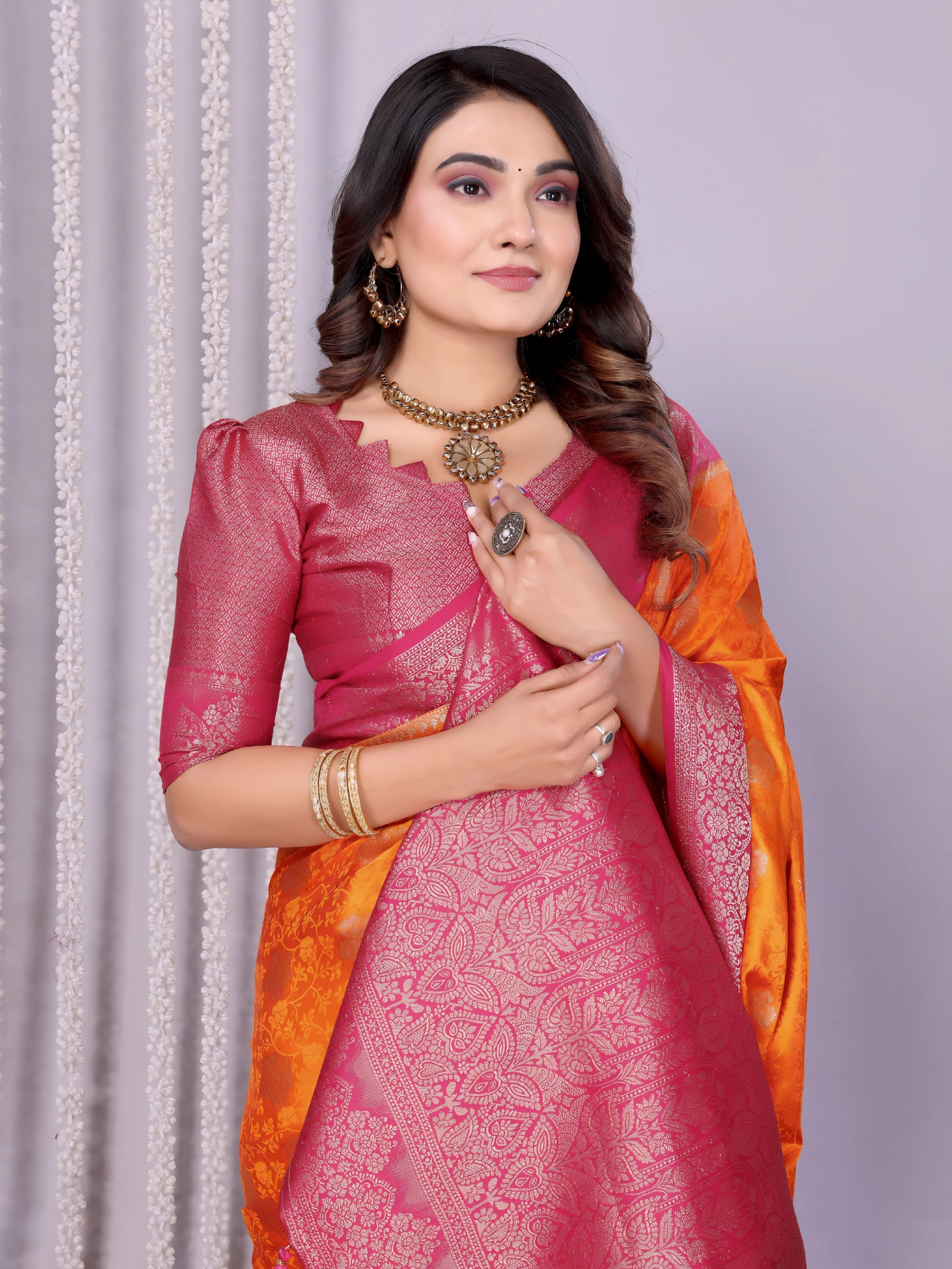 Orange Pink Zari Weaving Satin Silk Saree