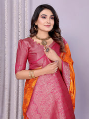 Orange Pink Zari Weaving Satin Silk Saree