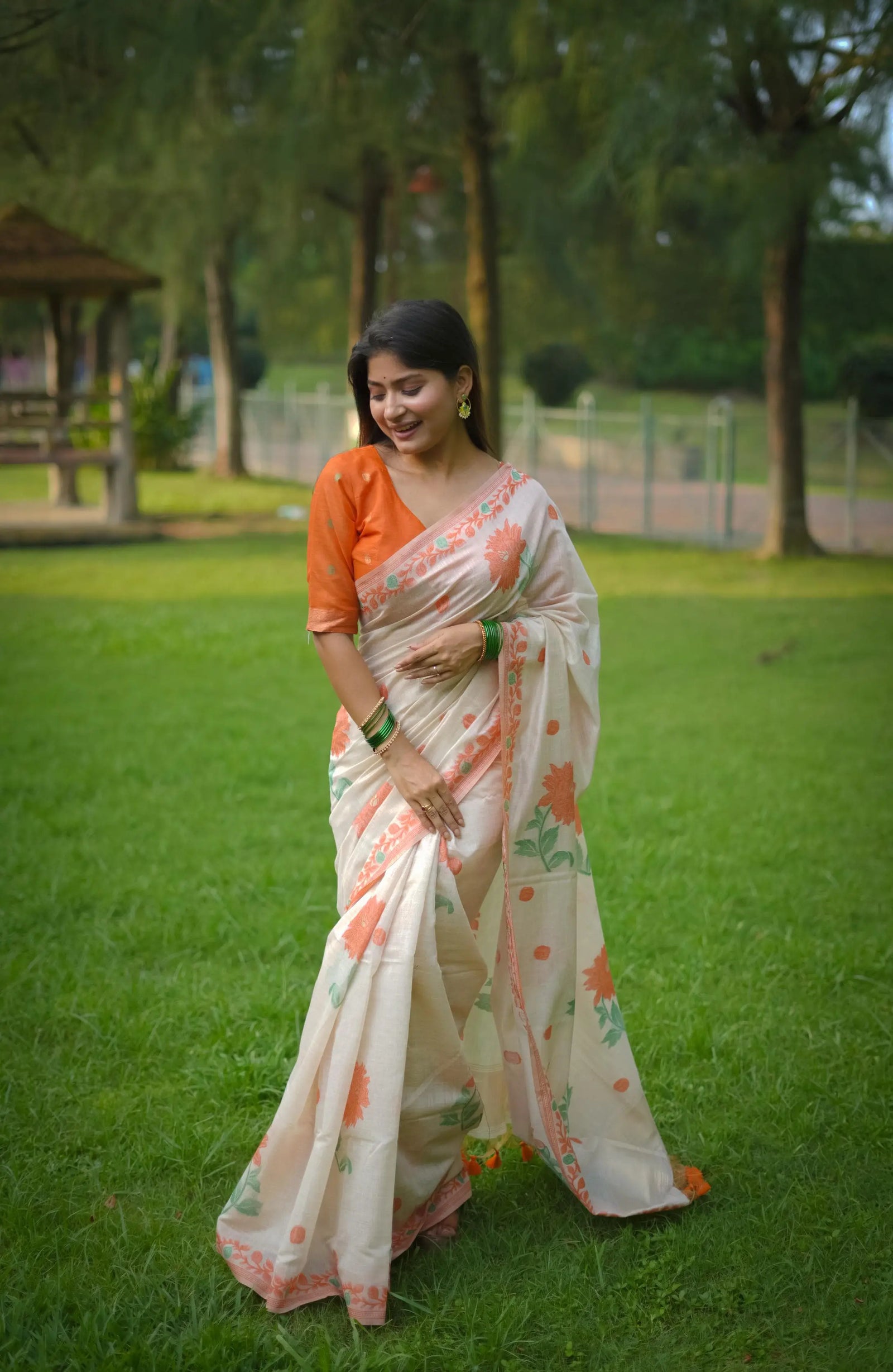 Orange Resham Weaving Soft Muga Cotton Saree - kalyanja