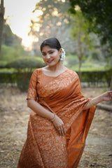 Orange Gala Border Pattern Raw Silk Saree - kalyanja