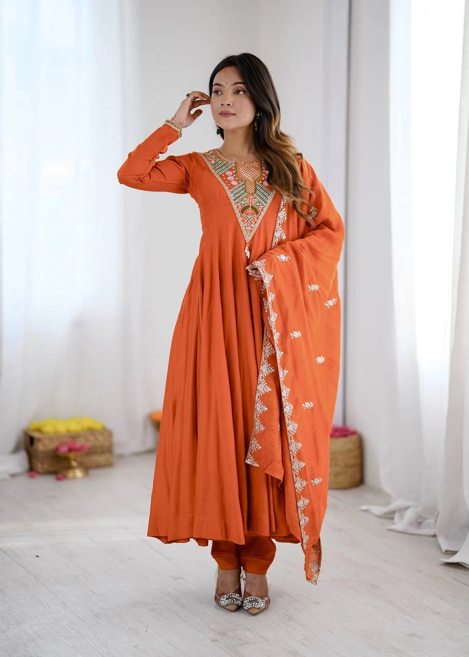 Orange Sequins Embroidered Suit front full length Anarkali KU262 Kalyanja