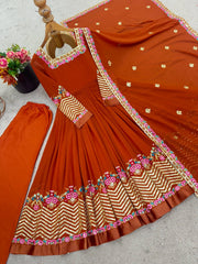 Orange Sequins Embroidered Suit Anarkali flatlay full set display KU264