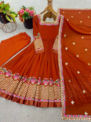 Orange Sequins Suit panoramic flatlay suit pant dupatta display KU264