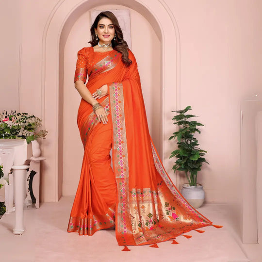 Orange Zari & Minakari Weaving Paithani Silk Saree