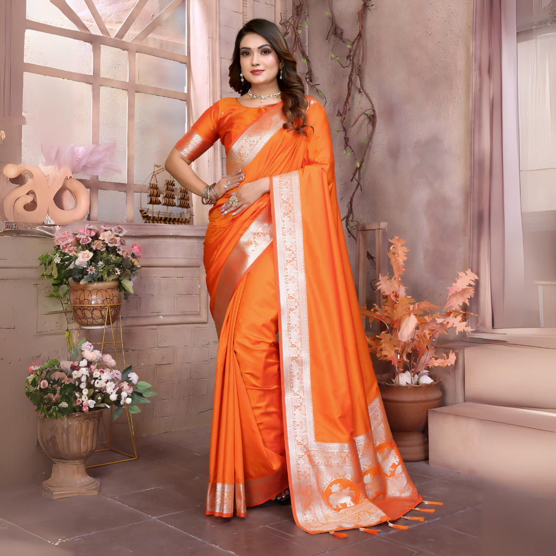 Orange Gala Weaving Banarasi Silk Saree