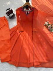 Orange Faux Georgette Suit KU204 model close-up neckline thread embroidery
