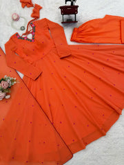 Orange Anarkali Suit KU204 model A-line detail with straight pant visible