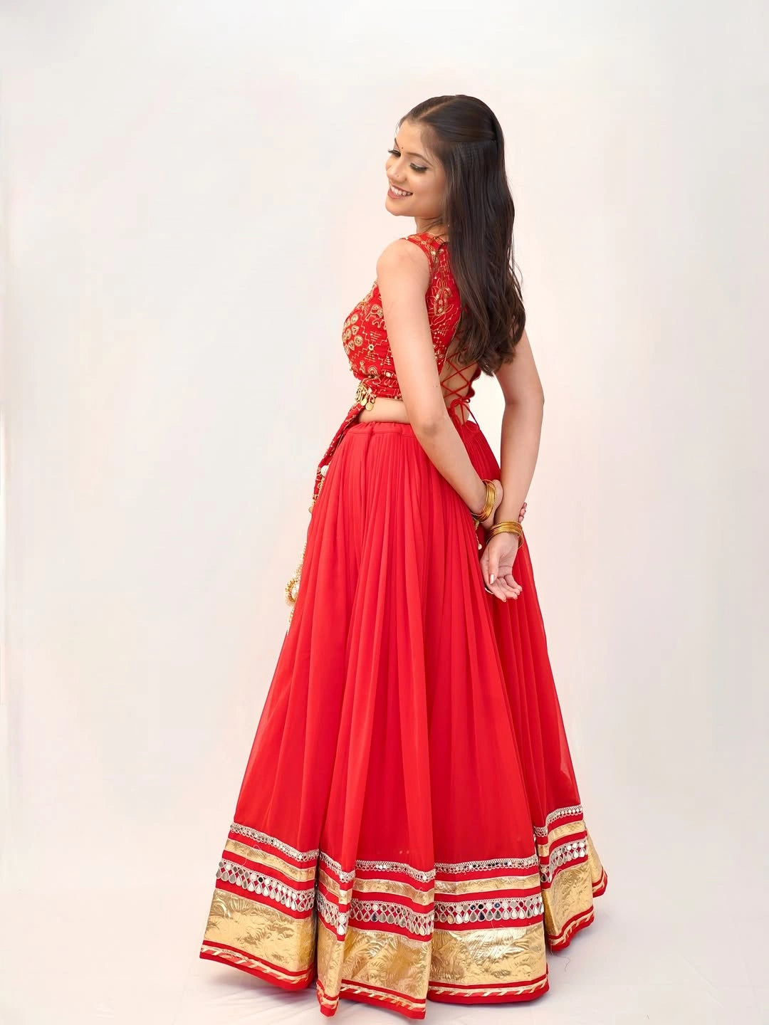 Orange Thread Embroidered Lehenga – side back view – KL185 – Kalyanja