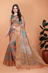 Orange Zari Weaving Premium Crystal Saree Front View Hero | Kalyanja KS353
