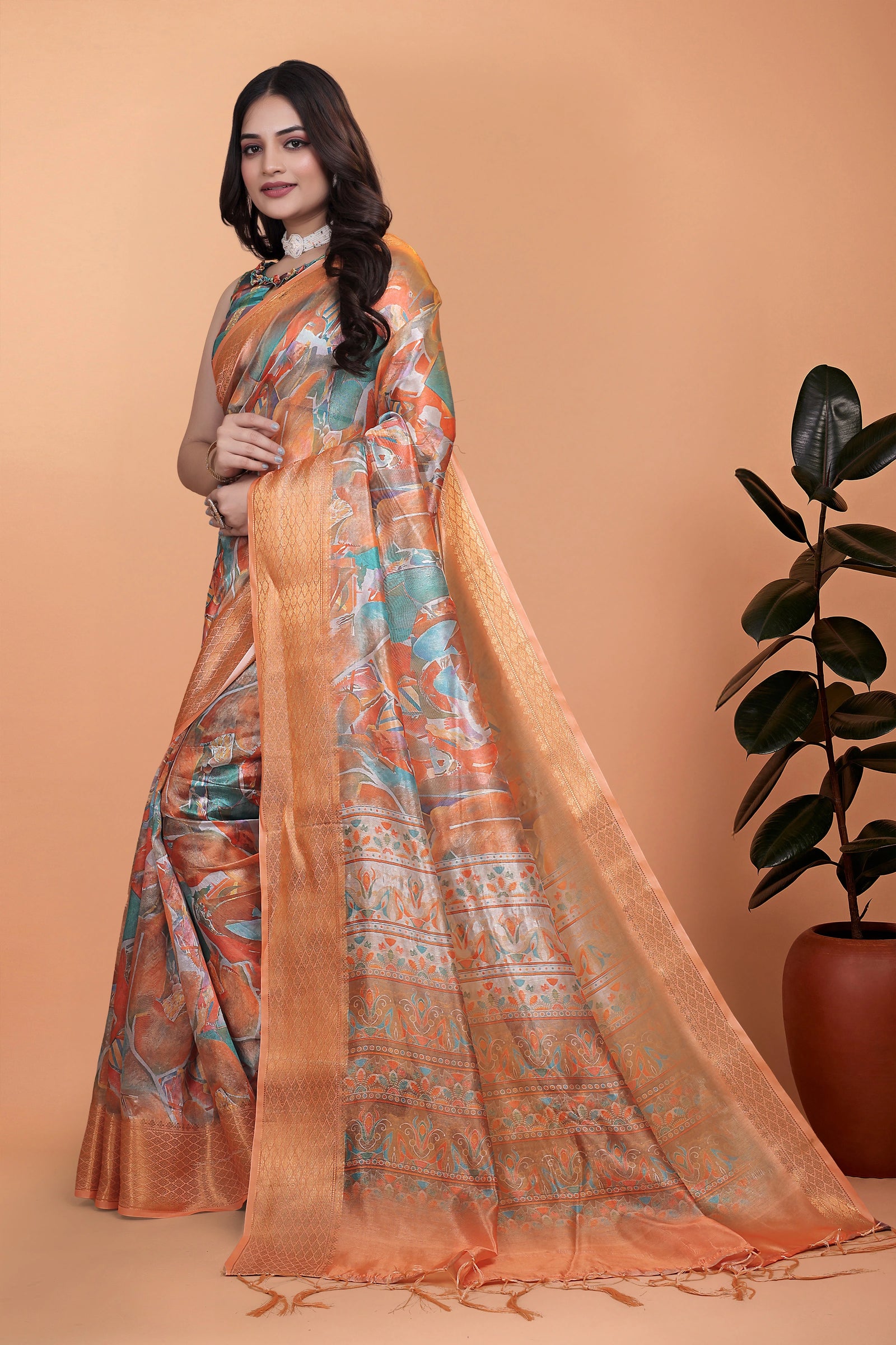 Orange Zari Weaving Saree Standing Side View | Kalyanja KS353