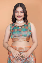 Orange Zari Weaving Saree Multicolor Blouse Close-Up | Kalyanja KS353