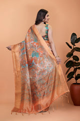 Orange Zari Weaving Premium Crystal Saree Back View | Kalyanja KS353