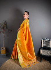 Orange Zari Weaving Saree three-quarter view – KS373