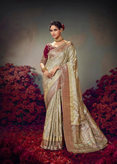 Gold Embroidery Work Satin Silk Saree