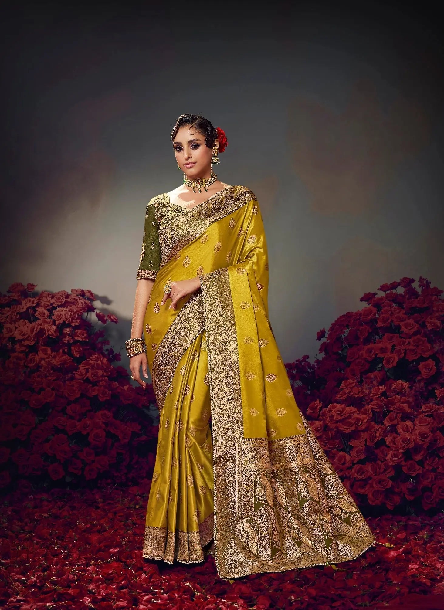 Yellow Embroidery Work Satin Silk Saree