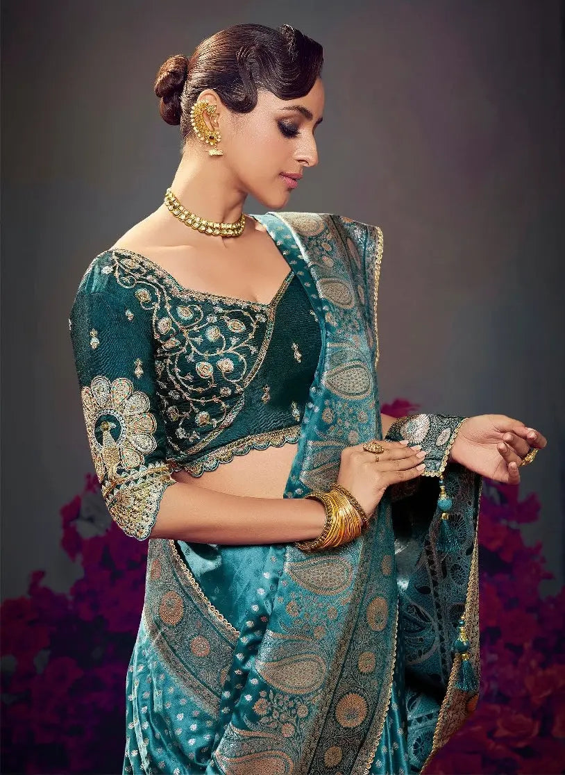 Teal Embroidery Work Satin Silk Saree
