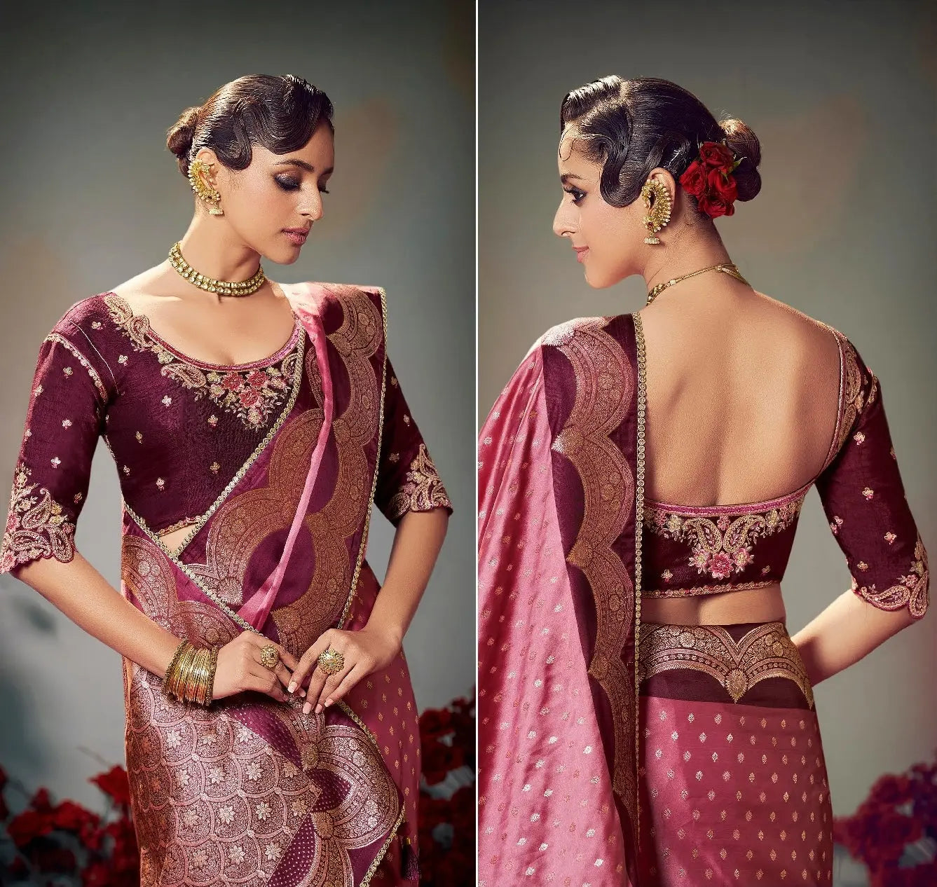 Pink Embroidery Work Satin Silk Saree