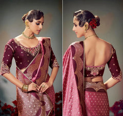 Pink Embroidery Work Satin Silk Saree