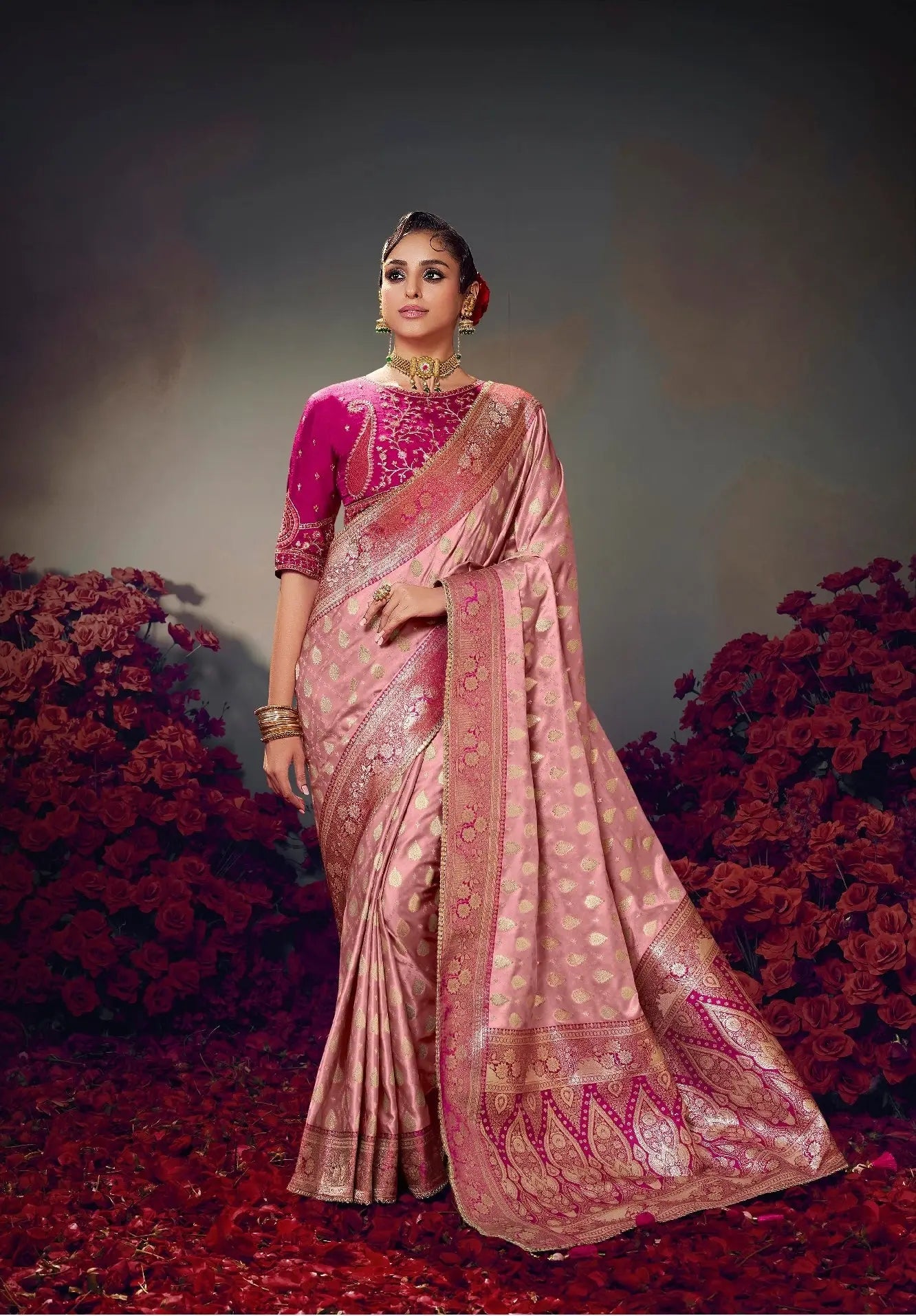 Soft Pink Embroidery Work Satin Silk Saree