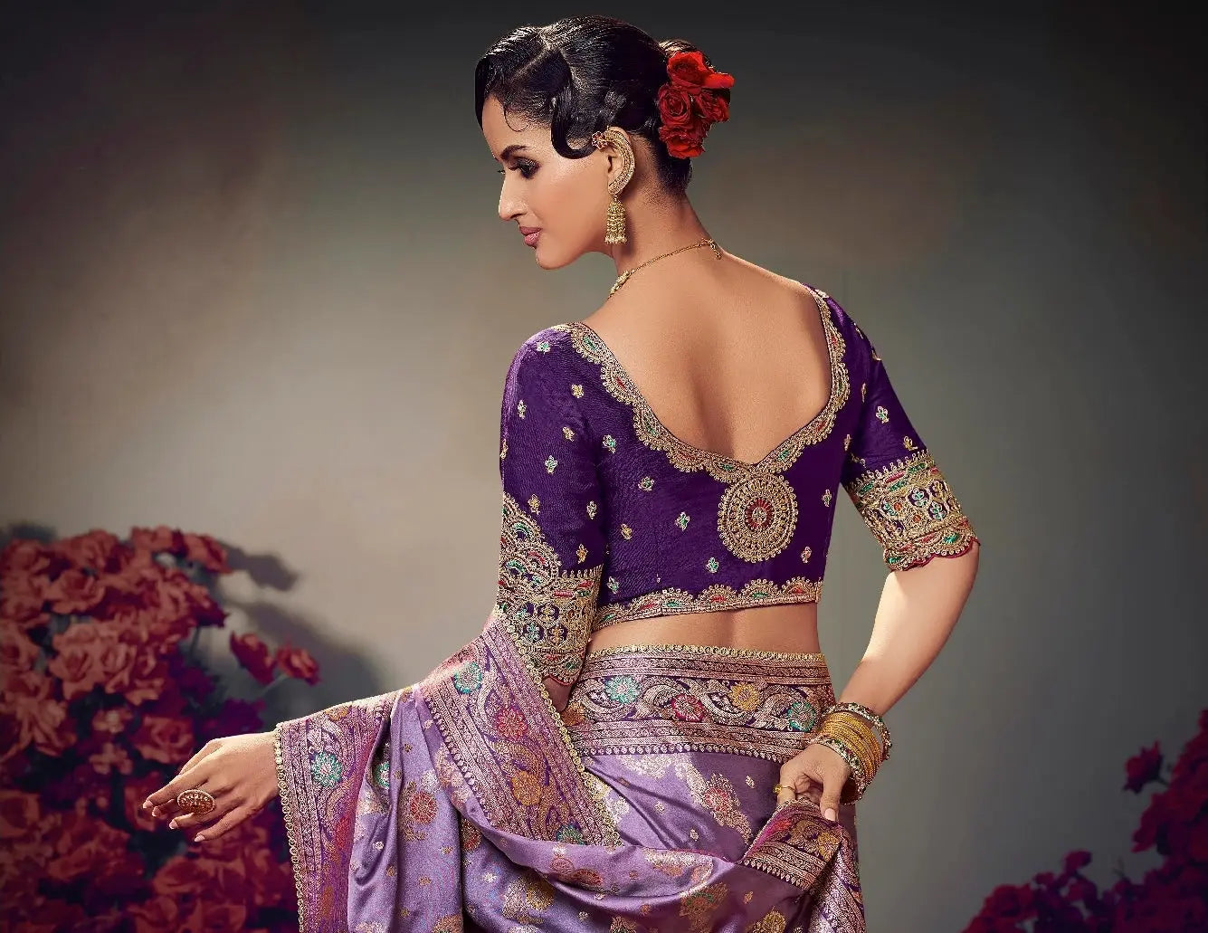 Lavender Embroidery Work Satin Silk Saree