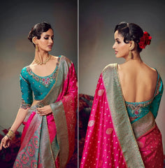 Dark Pink Embroidery Work Satin Silk Saree Agarwal Saree