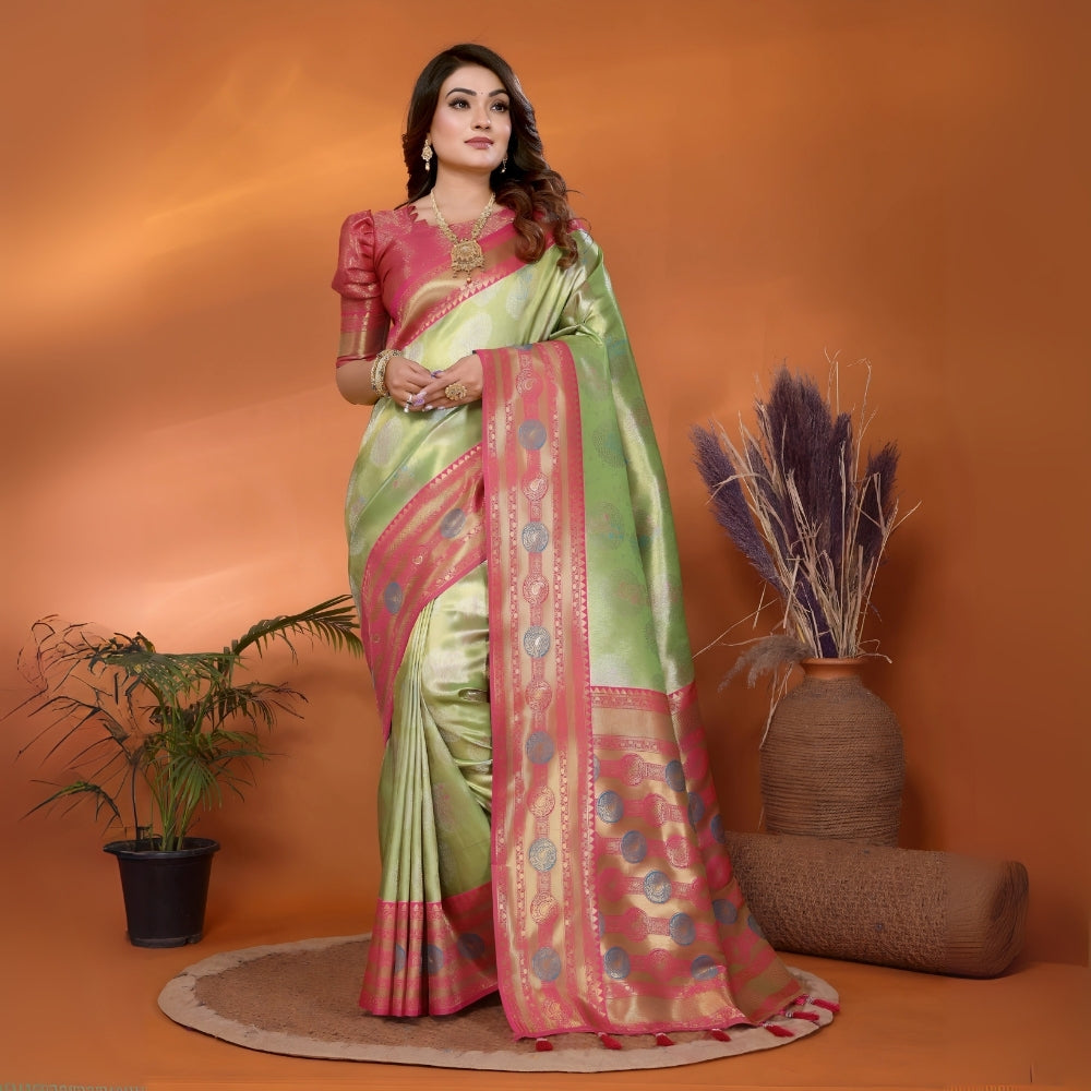 Pista & Pink Paithani Woven Banarasi Silk Saree