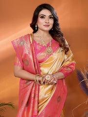 Yellow & Pink Paithani Woven Banarasi Silk Saree