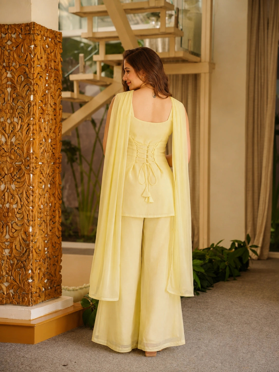 Pale Yellow Thread Work Suit model close up embroidery detail KU265