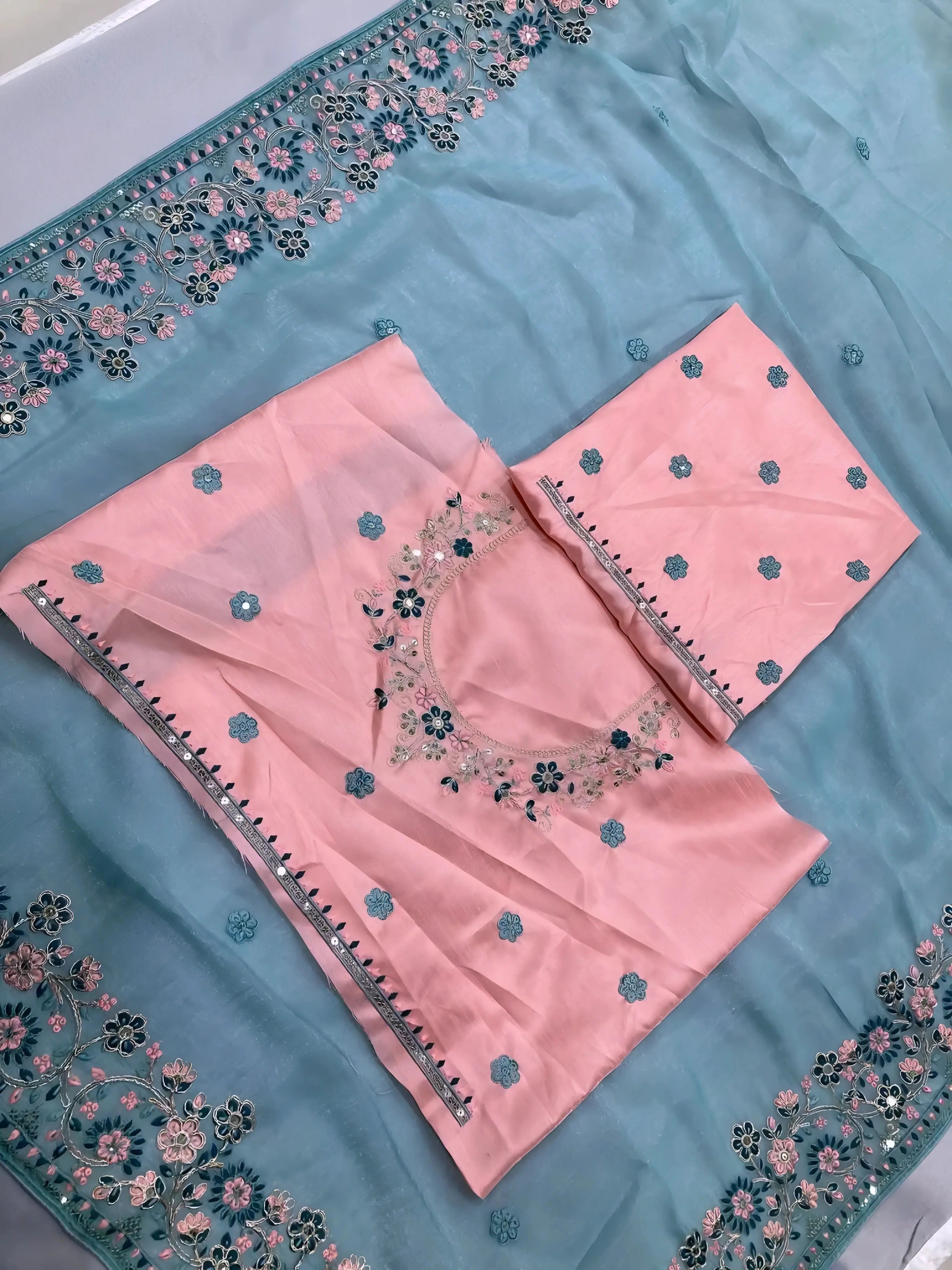 Pastel Blue Floral Embroidered Saree and Pink Blouse