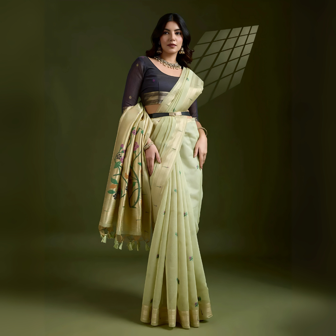 Pista Green Resham & Zari Weaving Soft Muga Cotton Saree
