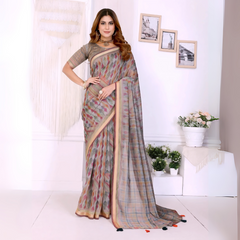 Beige Ikkat Print with Zari Woven Cotton Saree